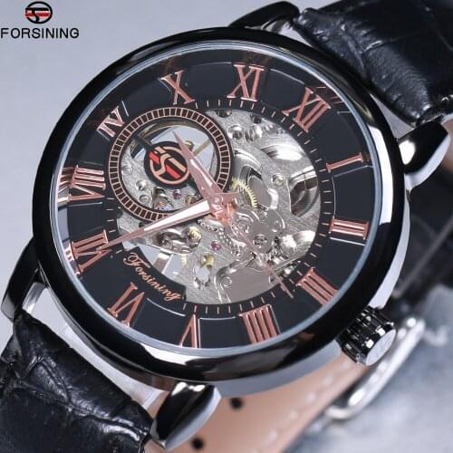 Forsining Men Watches Top Brand Luxury Mechanical Skeleton Watch Black Golden 3D Literal Design Roman Number Black Dial Designer