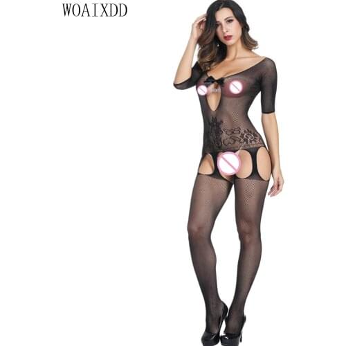 Black Masked Split Fishnet Bodystocking Plus Size Open Bra Transparent Plus Size Sexy Lingerie Women Custume