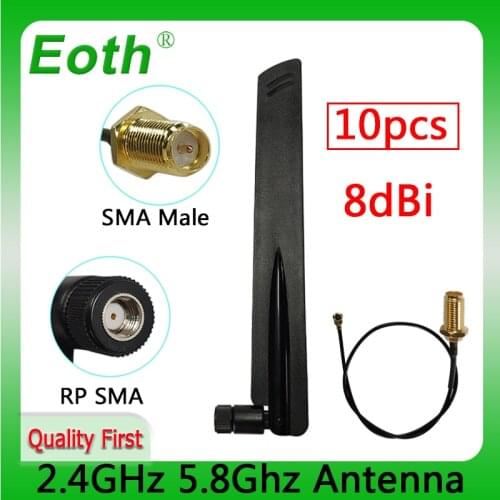 10pcs 2.4GHz 5GHz 5.8Ghz Antenna real 8dBi RP-SMA Dual Band wifi Antena aerial SMA female +21cm RP-SMA Pigtail Cable