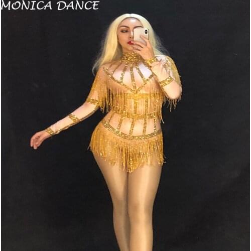 Stage Sexy Gold Fringes Dance Bodysuit Female Birthday Celebrate Tassel Leotard Outfit Singer Dancer Fashion Stretch Bodysuit