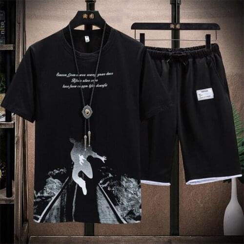 4XL Men Korean Fashion 2 PCS Outfits 2021 Summer Sportsuits Men Casual Print T-shirt+Short Harajuku Male Tracksuit