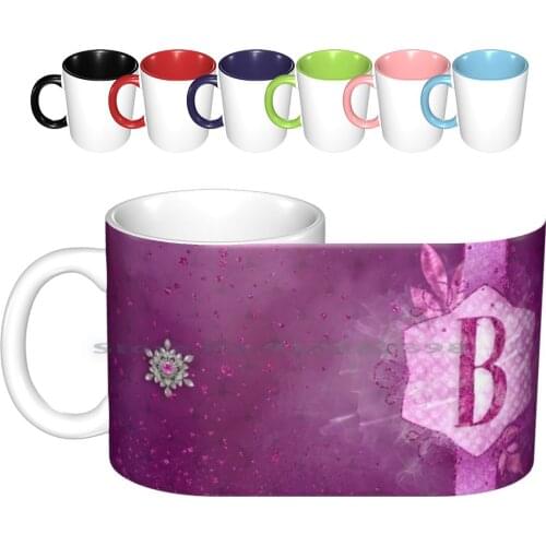 B Monogram Pretty Purple Ceramic Mugs Coffee Cups Milk Tea Mug Purple Magenta Pink Girly Mermaid Glitter Pretty Beautiful