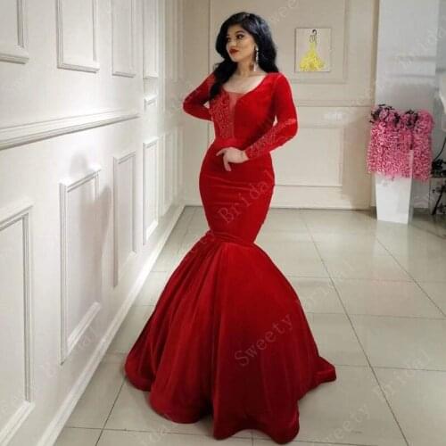 Red Arabic Muslim Long Sleeves Mermaid Evening Dresses 2021 Appliques V Neck Prom Gown Elegant Women Formal Party Long Dress