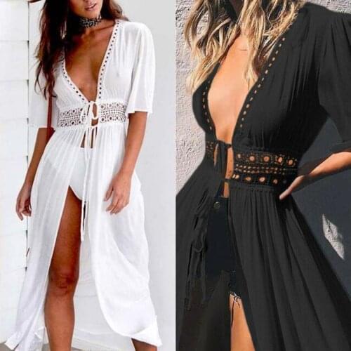 Summer Women Beach Dress Female Solid Bikini Cover Ups Short Sleeve V-Neck White Pareo Dress Wear Swimwear Plus Size 2021