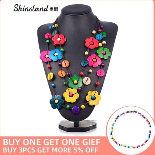Shineland Bohemian Multilayer Choker Flower Maxi Necklace for Women Wood Beads Tassel Pendant Statement Collar Rope Chain Bijoux