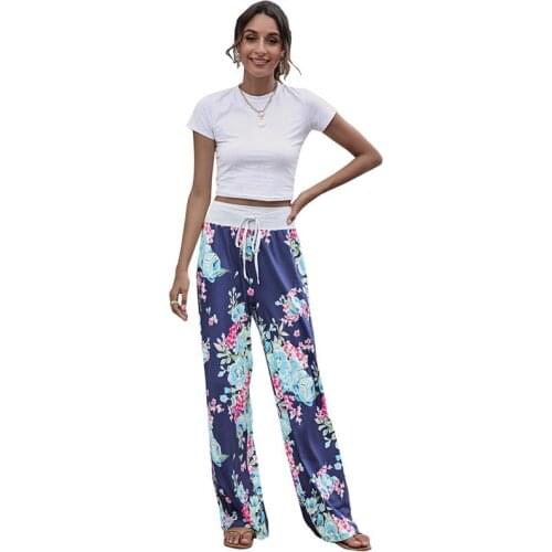 Fashion Women Bandage Casual Trousers Women Loose Lace Printed Pants Women