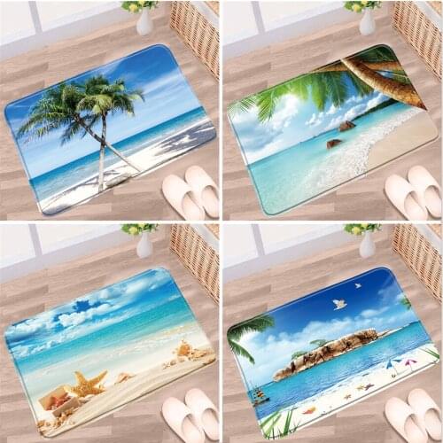Ocean Scenery Doormat Sea Beach Bathroom Mat Palm Tree Shell Starfish Bird Dolphin Flowers Non-slip Rugs Kitchen Doormat Carpets