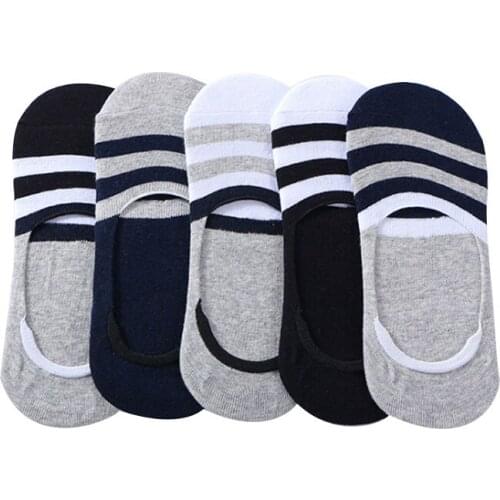 5 Pairs Men Non-slip Silicone Cotton Socks Striped Invisible Boat Socks Summer Absorb Deodorate Male Sock Slippers Calcetines