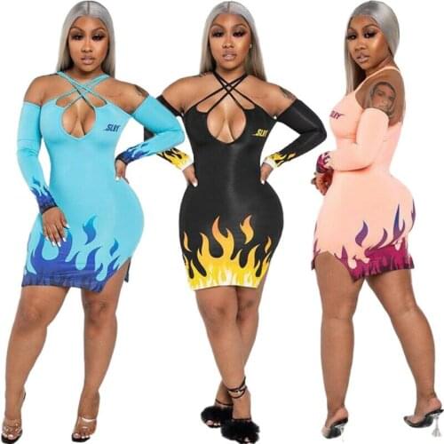 Fall New Women Sexy Bodycon Printed Off Shoulder Long Sleeve Bag Hip Mini Dress