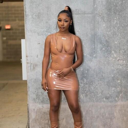 Echoine Summer Spring PU Leather Sleeveless Mini Dress Skinny Bodycon Sexy V-neck Partywear Vestidos Elegant Vintage Streetwear