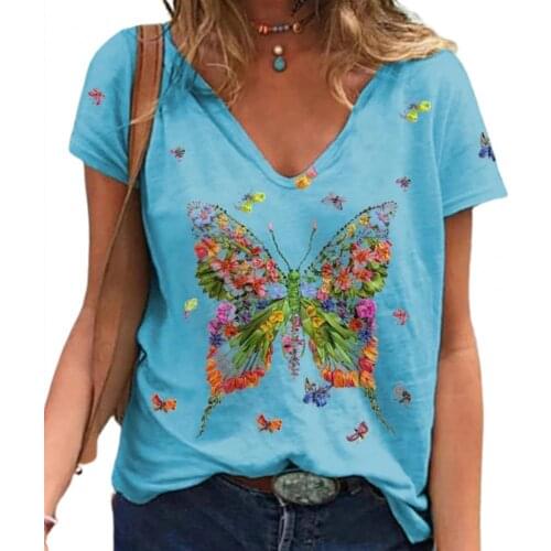 50% Wholesales Shirts Decorative Comfortable V-type Collar Butterfly Short Sleeve T-Shirt for Casual
