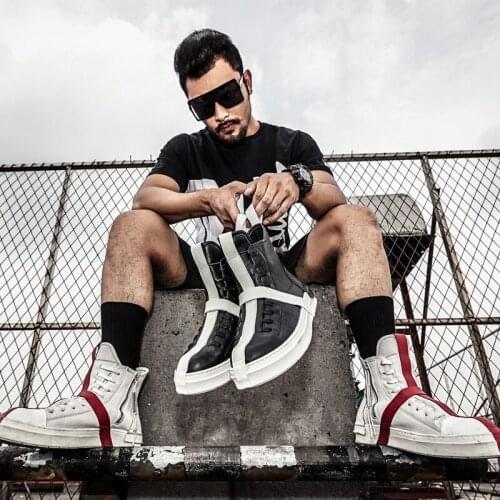 High Street Personality Panelled Unisex High Help Boots Autumn New Genuine Leather Round Toe Zip Thick Bottom Mens Sneaker Boots