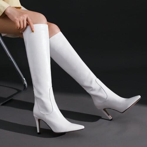 Sexy Stiletto Knee High Boots Pu Leather Women Boots Fashion High Heel Long Boots Slip On Autumn Winter Woman Boots Shoes 2021