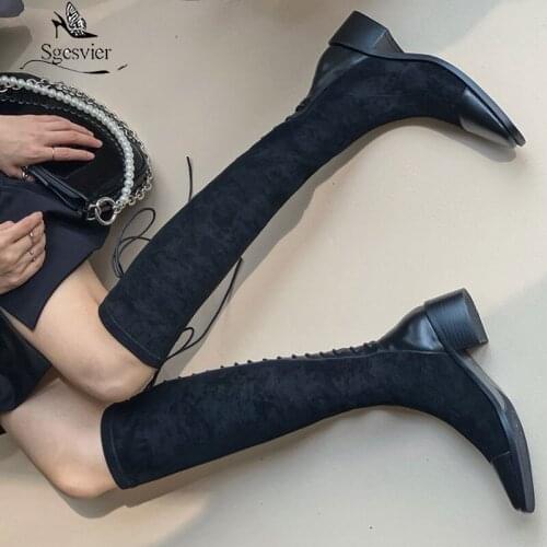Sgesvier 2020 Women boots genuine leather fashion lace up ladies shoes winter solid color square heels knee high boots