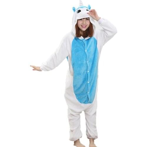 Blue Unicorn Pajama Set Women Men Unisex Adult Animal Pijama Flannel Onesie unicornio Sleepwear Hoodie Halloween Cosplay Costume