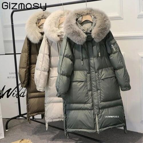 Gizmosy Winter 90% White Duck Down Parkas Women Warm Large Real Natural Fox Fur Collar Hooded Long Thicken Down Jackets Outwear