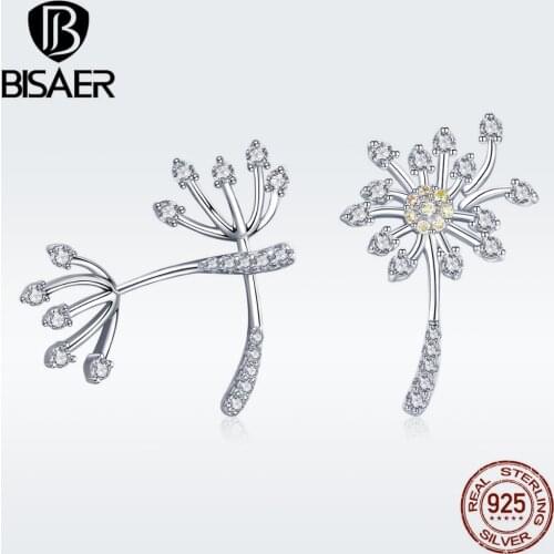 BISAER 925 Sterling Silver Daisy Flower Dandelion Stud Earrings for Women Cubic Zircon Earrings Sterling Silver Jewelry ECE506
