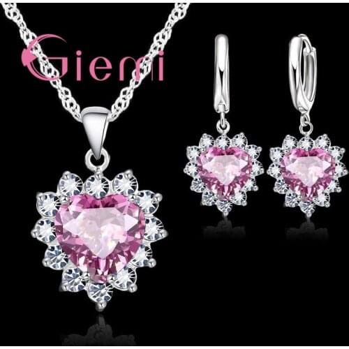 Love Heart Crystal Pendant 925 Sterling Silver Party Jewelry Sets Necklace Earrings For Women Valentine Gifts