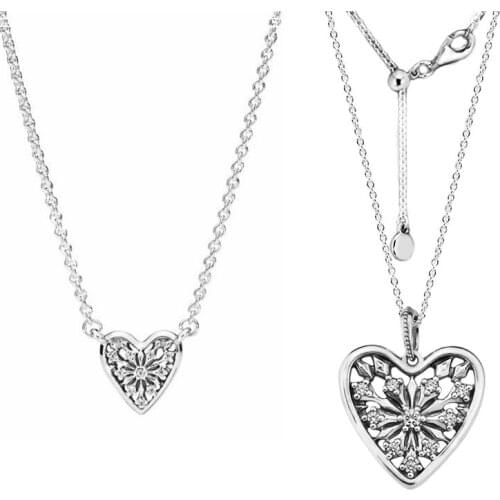 2 Size Heart of Winter Pendant Necklace Clear CZ 925 Sterling Silver Women Necklaces Charm Jewelry Girls Collier Chain Necklaces