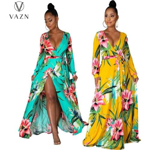 VAZN 2021 Autumn Print Plus Size Chiffon A-Line Long Dress Full Sleeve Holiday High-end High Waist Women For Evening Robe