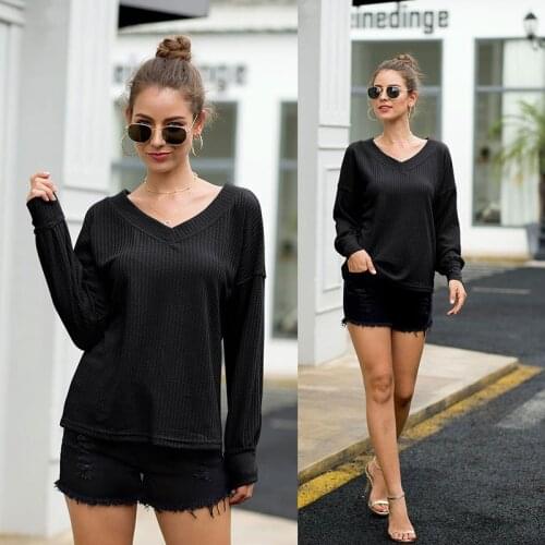 2020 Spring Autumn New Womens Plus Size Long Lantern Sleeve T-Shirt Sexy Female V-neck Fashion Solid Color Pullover Shirt S-XXL