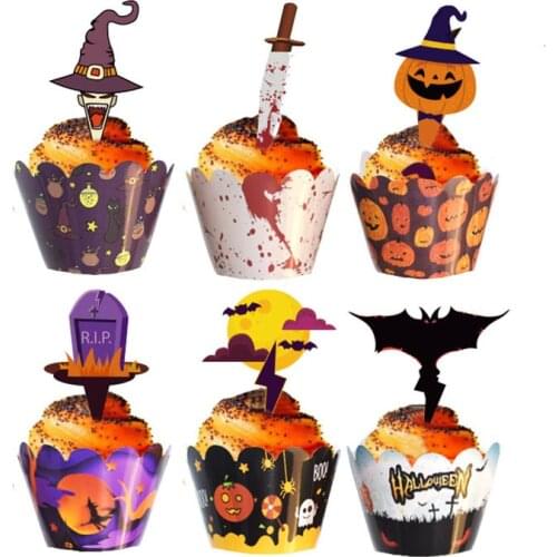 24 Set Halloween Decoration Cupcakes Wrapping Paper Cup Muffins Horror Pumpkin Witch Bat Cake Decoration Family Halloween Party