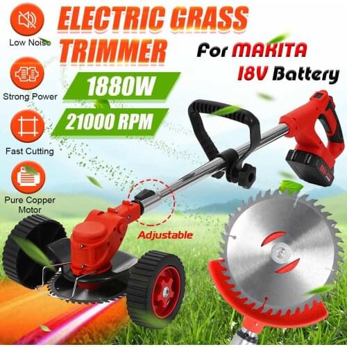 1880W Cordless Electric Grass Trimmer Lawn Mower Weeds Length Adjustable Cutter Garden Tools With Wheel for Makita 18V Battery