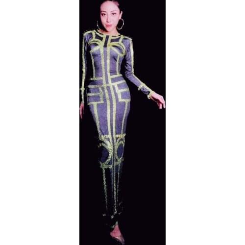 Sparkly Rhinestones Pearls Skinny Costume Stretch Women Birthday Party Long Outfit Singer Host Evening Stage Costume