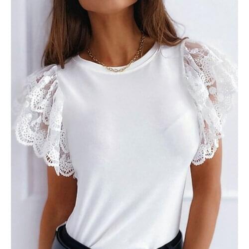 Mesh O-neck Patchwork Blouses Women Summer Office Lady Tops Woman Black White Solid Lace Petal Short Sleeve Female Blouse