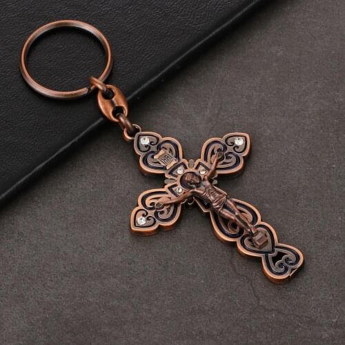 INRI Jesus Cross Pendant Keychain Crystal Ancient Bronze Color Alloy Holder Key Ring Religious Christian Jewelry Accessories