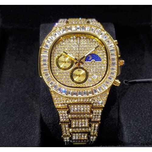 Hip Hop MISSFOX Gold Watch Men Diamond Quartz Date Waterproof Mens Watches Top Brand Luxury Moon Phase AAA Iced Out Wrist Watch