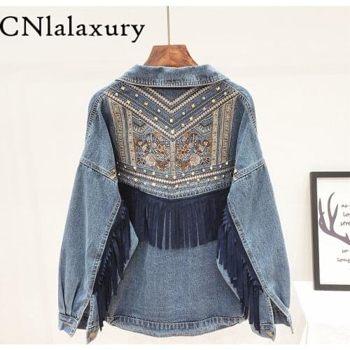 Denim Women Jacket New Spring Vintage Floral Embroidery Suede Fringe Loose Coat Long Sleeve Outerwear Female Boho Jacket