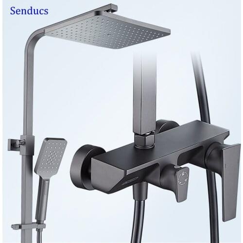 Brass Bathroom Shower Faucet Liftable Stainless Steel Bar Hot and Cold Bathroom Shower Set Square Head Bathroom Shower System