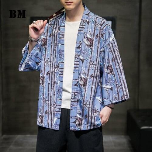 2021 Chinese Style Summer Bamboo Print Thin Cardigan Ethnic Style Retro Shirt Men Clothing Harajuku 3/4 Sleeve Cloak Male