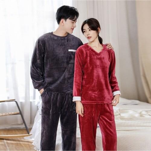 Autumn Winter Set Pajamas For Couples Plus Velvet O-Neck Mens Pajamas Long Sleeve Womens Sleepwear Pants Loose Casual Homewear