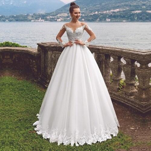 A Line Wedding Dresses Vestido De Noiva Mariage Beach Long Sleeves Lace Appliques O-neck Bridal Dress Wedding Gowns Floor Length