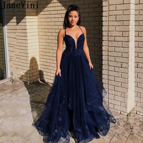 JaneVini Sexy Navy Blue Long Evening Dresses Spaghetti Straps Appliques Beaded Open Back Plus Size Formal Party Gowns Jurk Lang