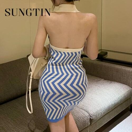 Sungtin Sexy Halter Bodycon Slim Knitted Mini Dresses Women Backless Striped Slim Vestido Club Party Sleeveless Dress Streetwear
