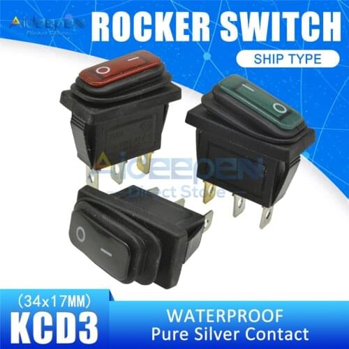 KCD3 Waterproof Rocker Switch 34x17mm AC 15A/250V 20A/125V ON-OFF 2 Position 3 Pin Reset Switch With LED Light