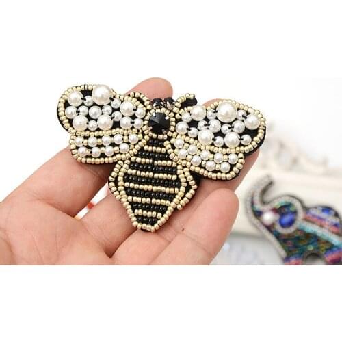 Pearl Crystal Rhinestone Bee Patches for Clothing Sew on Clothes Appliques Badge Stripes Fabric Sticker Apparel Accessories