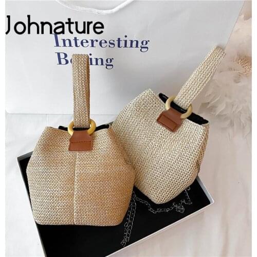 Johnature Fashion Summer Ladies Mini Bags 2021 New Beach Straw Bucket Bag Versatile Woven Handbag Casual Girl Shoulder Bags