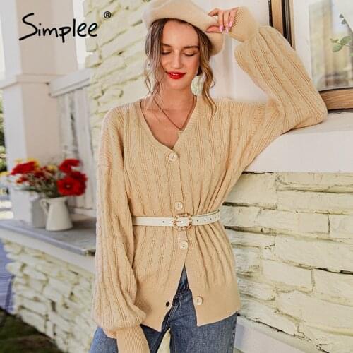 Simplee Casual v-neck knitted women cardigan Long sleeve single-breasted sweater cardigan Green autumn ladies sweaters tops