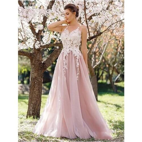 2020 Sexy Pink Cheap Wedding Dress Scoop Neck A-line Cheap Bridal Gown Illusion Vestido De Noiva Floor Length Wedding Gowns