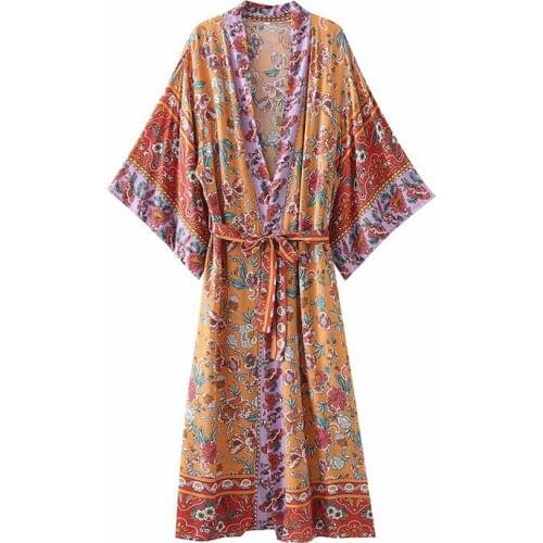 Vintage Chic Women Yellow Floral Print Bat Sleeve Rayon Beach Bohemian Robes Kimono Ladies V Neck Sashes Boho Dress Vestidos