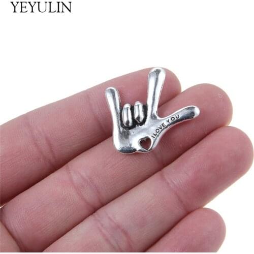 10pcs Vintage Silver Color Tone I LOVE YOU Hand/sign Language Charms Pendant For Lovers Necklace & Bracelet DIY Making 2.5*2.8cm