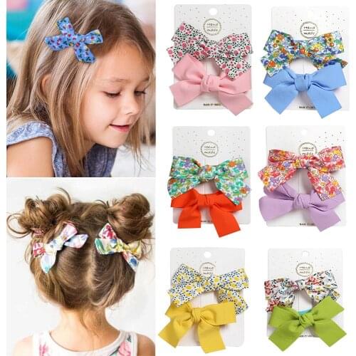 2Pcs/set Boutique Grosgrain Ribbon Printed Color Bows With Clips For Kids Girls Hairgrips Handmade Bow Children Hair Accessories