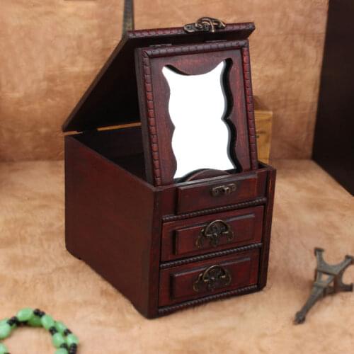 Antique Wooden Dressing Case Retro With Mirror Jewelry Box Make Up Organizer Boxes Desktop Wood Box Desktop Decoration Old tory