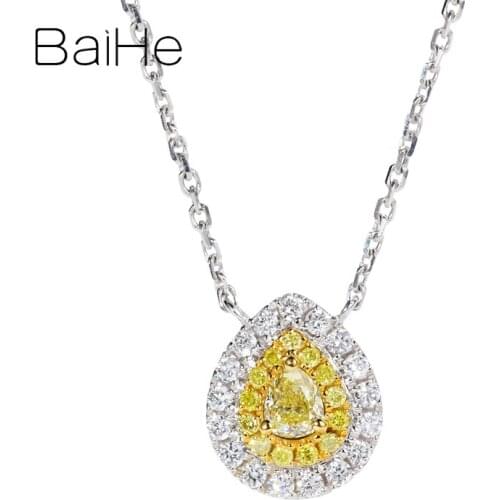 BAIHE Solid 18K White Gold 0.28ct H/SI Pear+Round Natural Diamond+Yellow Diamond Women Trendy Wedding Drop shaped Necklaces