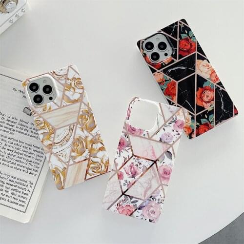 Retro Plating Stitching Black Gold Rim Rose Marble Square Case For iPhone 11 12 13 Pro XS Max X XR 7 8 Plus Geometric Back Cover