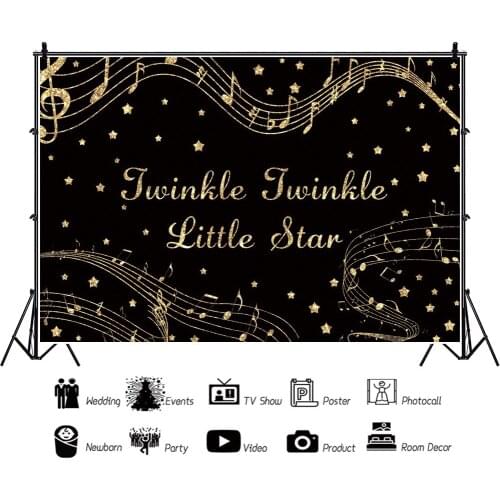 Black Twinkle Children Backdrops Photography Gold Musical Notation Birthday Party Photo Background for Shooting Decor